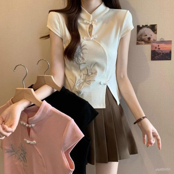 女裝 國風女裝 大尺碼女裝 短袖女 大碼女裝新中式立領盤扣刺繡短袖T恤女夏季新款短款別緻絶美上衣