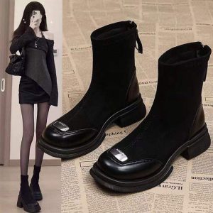 小個子厚底炸街馬丁靴女新款秋冬高級感瘦瘦裸靴法式粗跟短靴女靴子外出鞋休閒鞋女鞋子